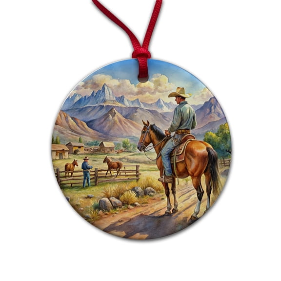 Cowboys Western Ranch Scene Watercolor Christmas Tree Holiday Round Ceramic Ornament