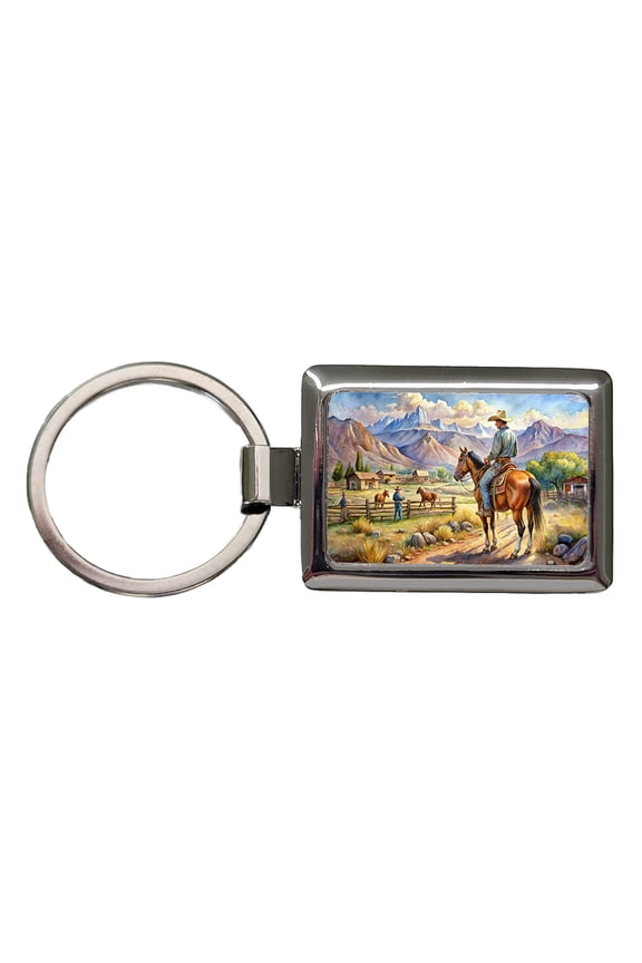 Cowboys Western Ranch Scene Watercolor Metal Rectangle Keychain