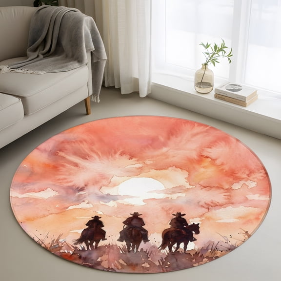 Cowboys on Horses 3.3' Round Rug for Bedroom Reading Corner, Watercolor Western Art Sunset Desert Washable Non Slip Circle Area Rug
