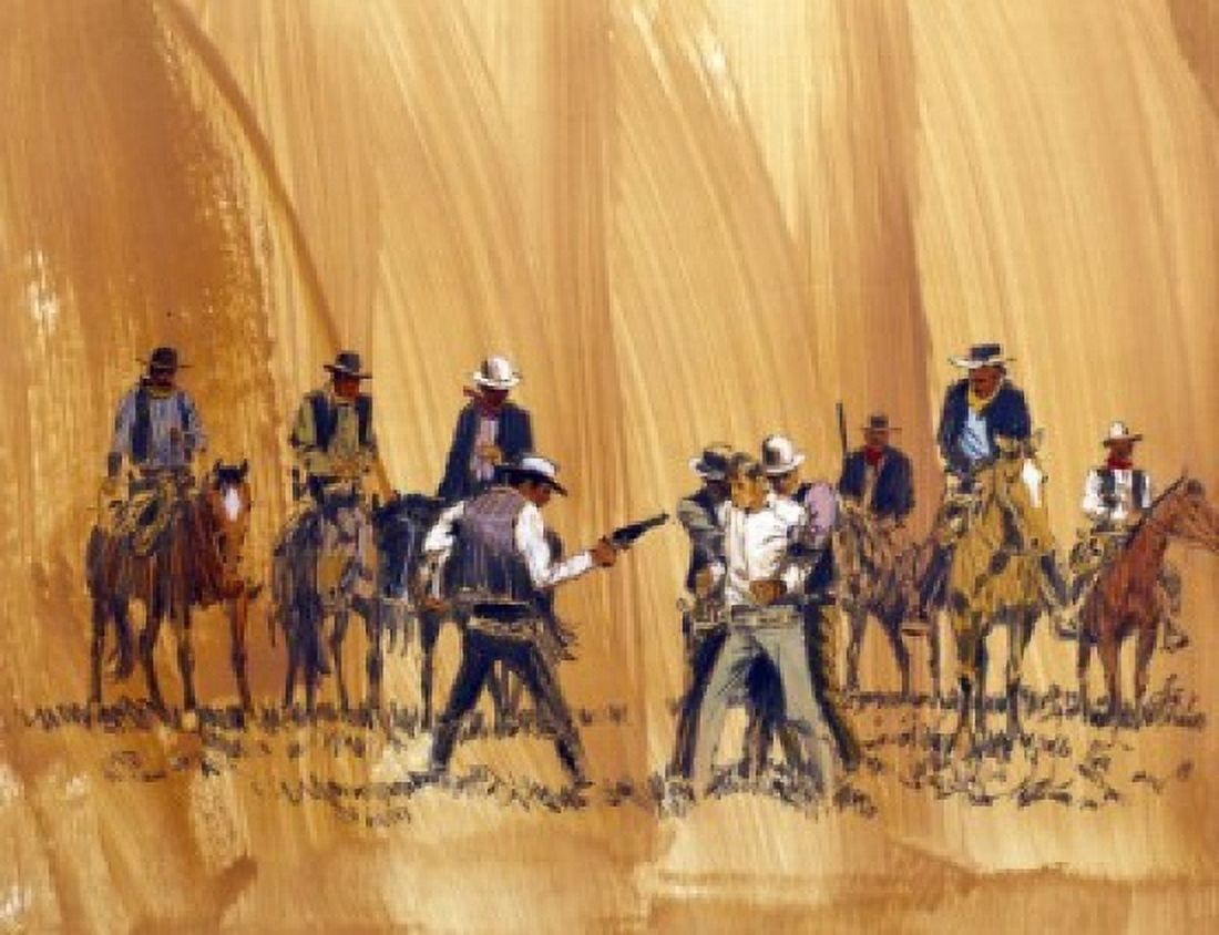 Cowboys on horseback surrounding enemy Canvas Art - (18 x 24)