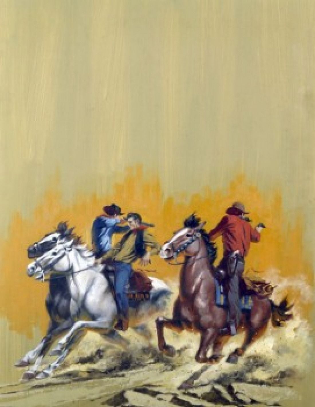 Cowboys shooting guns on horseback Canvas Art - (18 x 24)
