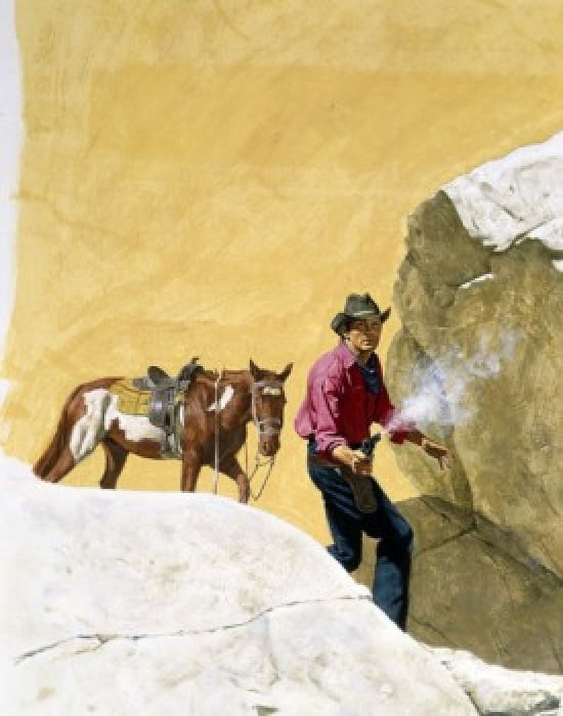 Cowboys shooting pistol on rocks Canvas Art - (18 x 24)