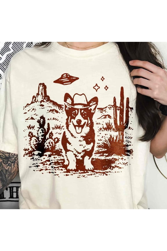 Cowcorgi Shirt For Women Men, Funny Ufo Alien Tee, Vintage Desert Graphic T-Shirt, Retro Cosmic Western Top, Dog Mom Dad Gift WHITE Unisex S-5XL Hot Trending Shirt, Vintage Birthday Gift