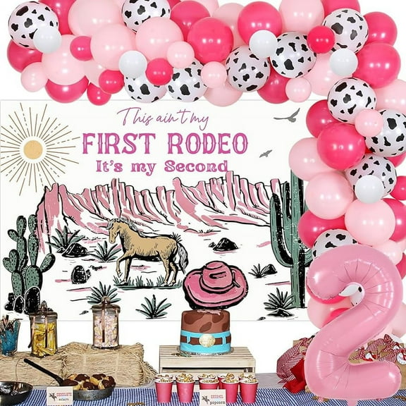 Cowgirl 2nd Birthday Decorations This ain't My First Rodeo Its My Second Backdrop Banner Pink Cow Balloon Arch Kit Number 2 Foil Balloon for Western Cowgirl 2nd Wild West Second Birthday