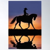 Cowgirl And Horse Silhouetted By Southwestern Sunset Poster Wall Art, Modern Wall Decor For Living Room Bedroom, 16x24 UNFRAMED