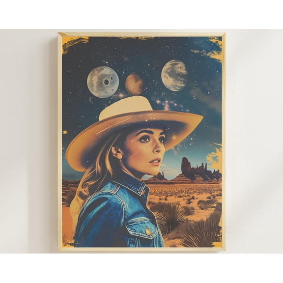 Cowgirl Art Surreal Collage Vintage Western Cowboy Wall Art Decor Poster Cowgirl Sci-Fi Retro-Future Decor Retro Futuristic Space Poster, 8x12 UNFRAMED