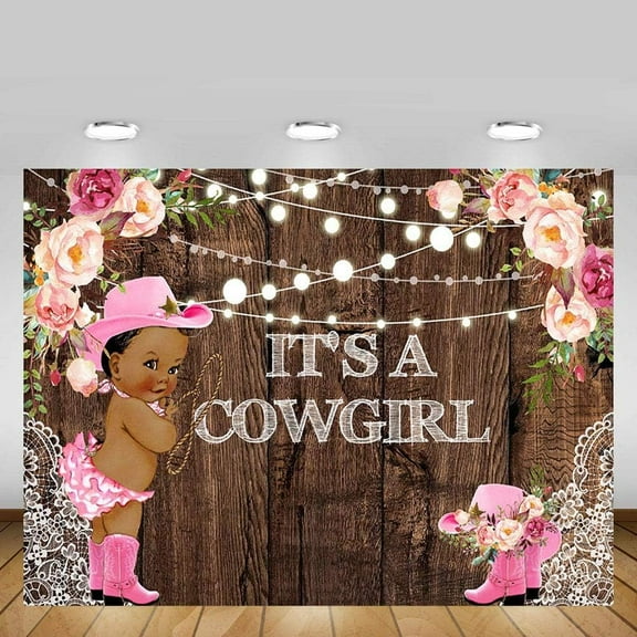 It's a Cowgirl Baby Shower Backdrops for Photography Rustic Wood Lace Pink Floral Girl Baby Shower String Lights Pink Boots Hat Rodeo Party Decoration Photo Studio Background Banner 7x5Ft