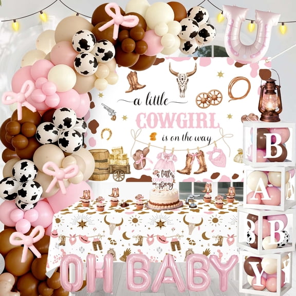 Cowgirl Baby Shower Decorations for Girl - Western Theme Supplies Include Balloon Garland Arch Kit, Backdrop, Tablecloth, 4 Boxes, Horseshoe Foil Balloon - A Little Cowgirl is on the Way Pink Y102