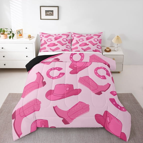 Cowgirl Bedding Set Cute Kawaii Pink Cowgirl Full Comforter Set Gifts Women Cowboy Hat Boots Horseshoe Down Comforter Wild West Cowgirls Quilt Set 2 Pillow Cases Room Decor
