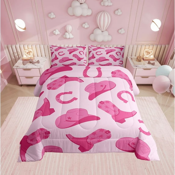 Cowgirl Bedding Set Cute Kawaii Pink Cowgirl King Comforter Set Gifts Women Cowboy Hat Boots Horseshoe Down Comforter Wild West Cowgirls Quilt Set 2 Pillow Cases Room Decor