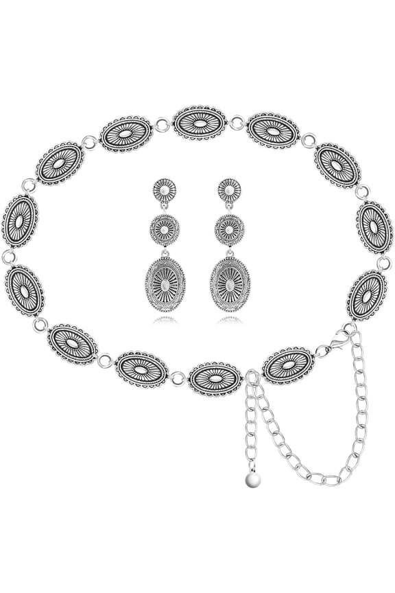 Cowgirl Belt for Women Western Jewelry Set with Western Earrings, Concho Belt Matching Country Concert Outfit, Vintage Cowboy Earrings as Cowgirl Jewelry Boho Outfit