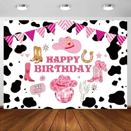 Cowgirl Birthday Backdrop 7 x 5 ft Wid West Happy Birthday Cow Print Background Western Theme Party Photography Decoration Banner for Adults Kids Pictures Vdieo Photo Studio Shoot