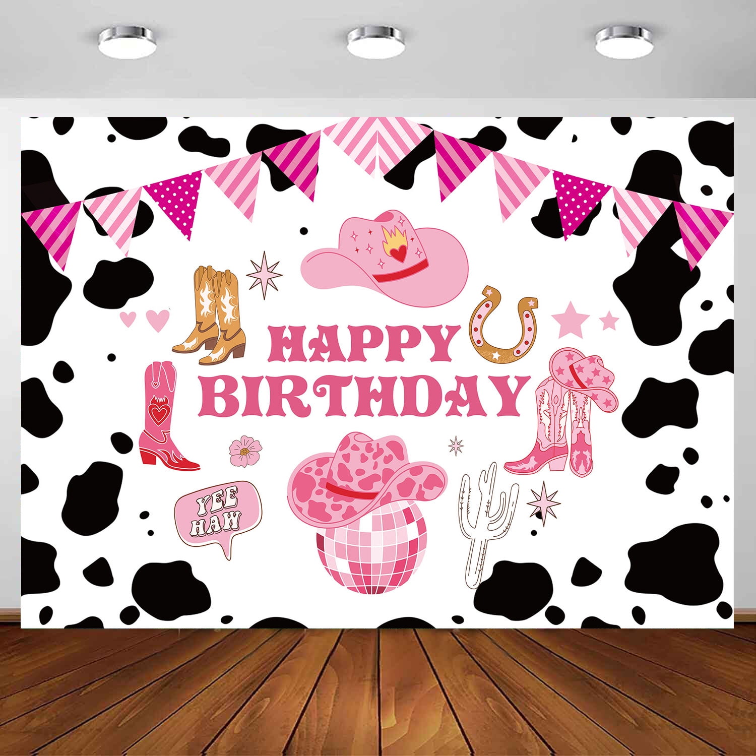 Cowgirl Birthday Backdrop 8 x 6 ft Wid West Happy Birthday Cow Print