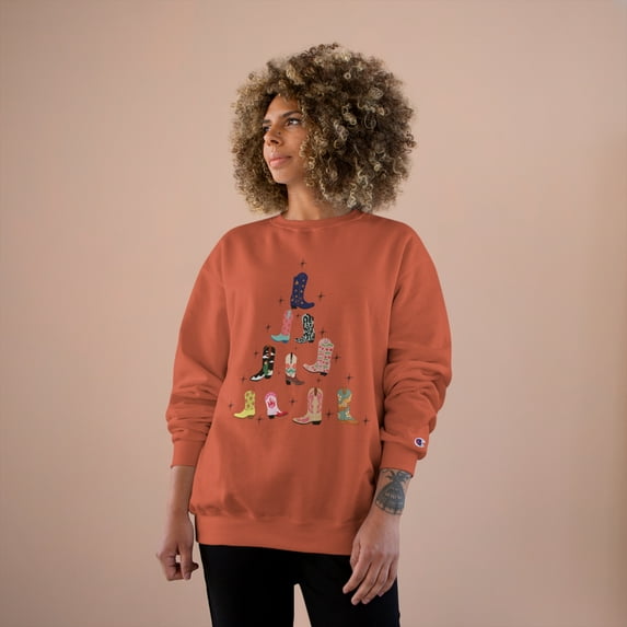 Cowgirl Boot Christmas Tree, Western Graphic Crewneck, Champion Sweatshirt