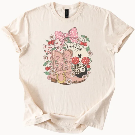 Cowgirl Boot Graphic Tee Western Daisy Pink Bow Playing Cards Dice Cherries Shir Size S-5Xl Heygategoo Tee
