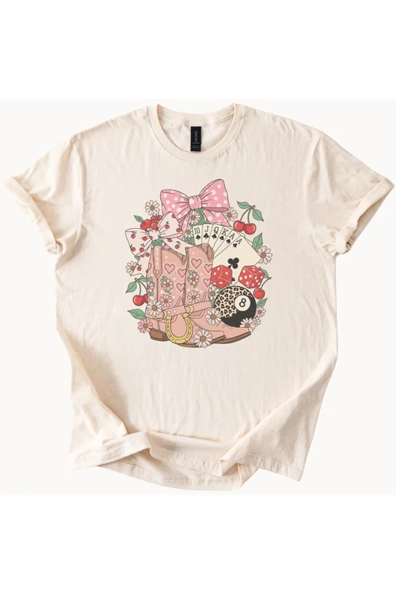 Cowgirl Boot Graphic Tee Western Daisy Pink Bow Playing Cards Dice Cherries Shir Size S-5Xl Heygategoo Tee
