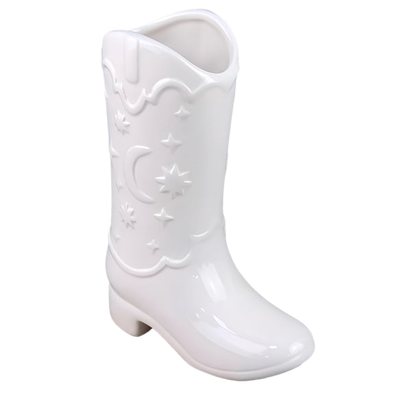 Cowgirl Boot Vase Ceramic, White Western Country Accent, 375 ml / 12.7 fl oz Cowboy Boot Mug, Embossed Star Moon Design, Unique Boot Planter for Wedding Decor, Bookshelf Accent