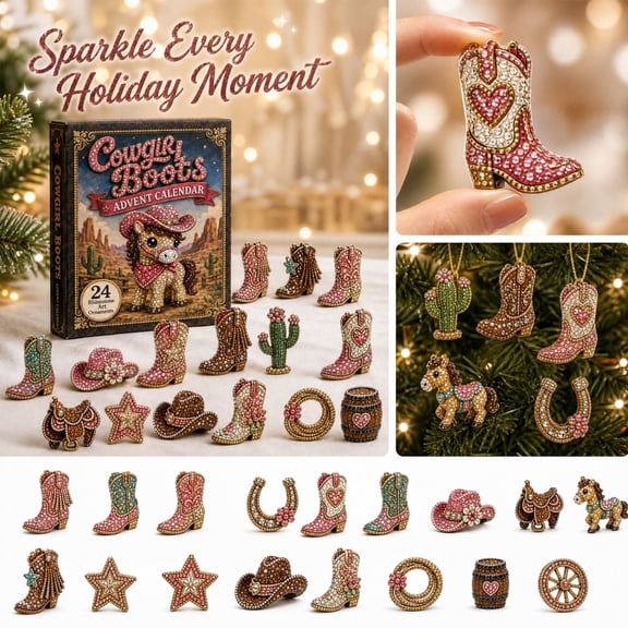 Cowgirl Boots Advent Calendar Featuring Rhinestone Art Ornaments for Girls Room Decor, Western Party Decorations with Pink Christmas Ornaments for Christmas Countdown, 2026