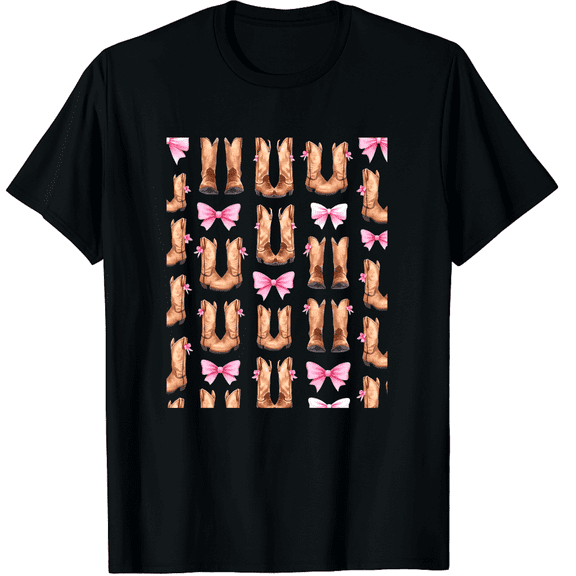 Cowgirl Boots Coquette Aesthetic and Pink Bows Y2K Birthday Graphic Black T-Shirt for Men and Women