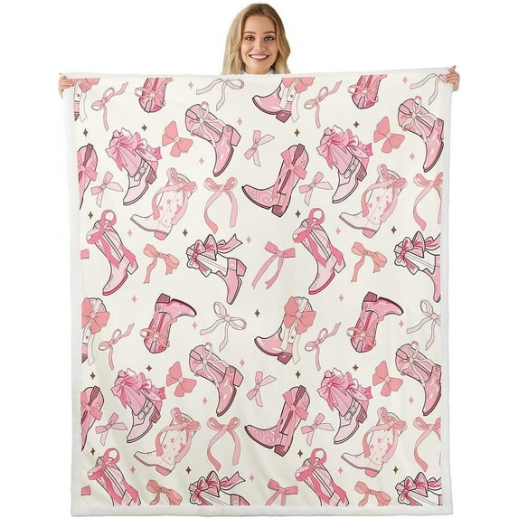 Cowgirl Boots Flannel Blanket,Western Starry Pink White Stripes Patchwork Fleece Blanket for Room Decor,Cartoon Princess Style Pink Bowknots Throw Blanket for Sofa Couch,Throw 50"x60"