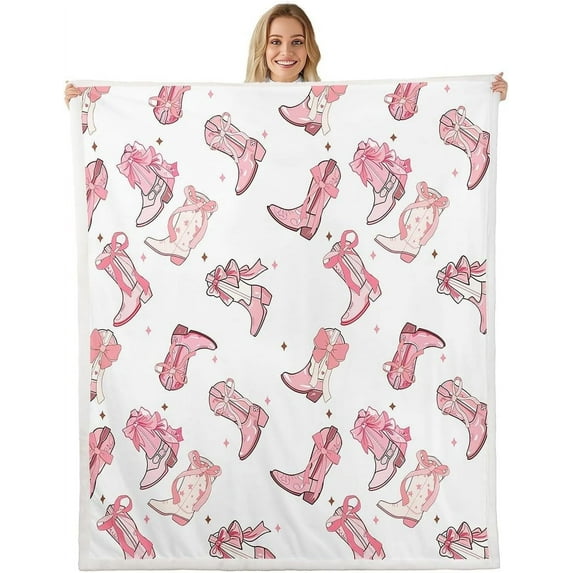 Cowgirl Boots Fleece Blanket,Princess Pink Bowknots Cartoon Starry Plush Blanket for Kids Teens,Lovely Room Decor,Western Tribal Texas Stars Pink White Flannel Blanket,Twin 60"x80"