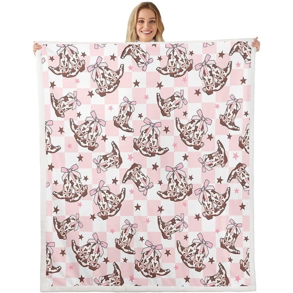 Cowgirl Boots Fleece Flannel Blanket,Western Cowboy Rustic Brown Cowhide Starry Bed Plush Blanket for Home Decor,Princess Pink Bowknots Checker Plaids Blanket for Sofa Couch,Baby 30"x40"