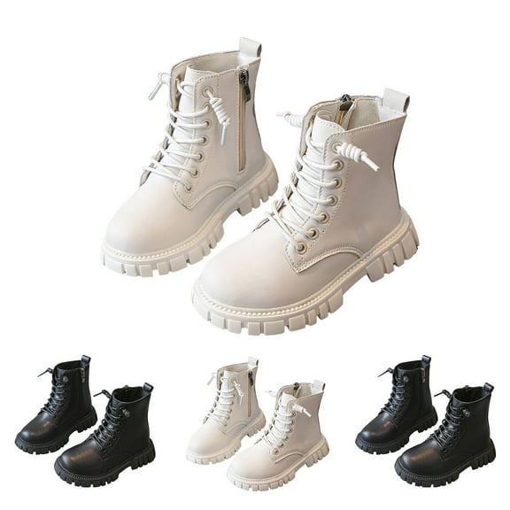 Cowgirl Boots for Girls Size 2 Girls Lace Up Riding Boots Mid Calf Combat Boots PU Leather Side Zipper Punk Goth Boot Non Slip Girls White Booties 4-12 Years
