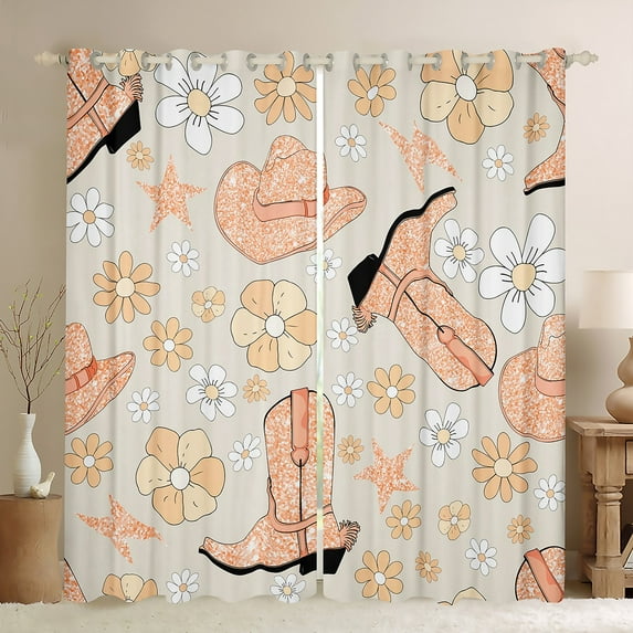 Cowgirl Boots Hat Curtains,Glitter Western Cowgirl Flower Curtains Living Room Decor,Groovy Floral Curtains Rustic Country Flowers Window Curtains 2 Panels 52"Wx63"L