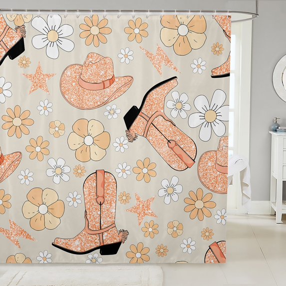 Cowgirl Boots Hat Shower Curtain Set,Glitter Western Cowgirl Flower Bathroom Set Home Decor,Floral Bathroom Curtain Rustic Country Flowers Fabric Shower Curtain 72"Wx72"L