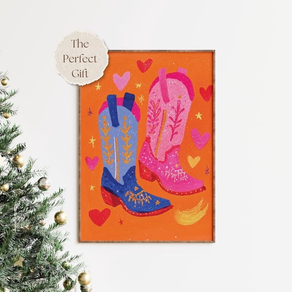 Cowgirl Boots Love Print Sparkly Western Wall Art Barbiecore Y2K Couples Decor Engaged Or Newlyweds Cowgirl Wedding Poster, Stretched Canvas Size 8x12 F03.1.15l813
