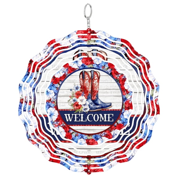 Cowgirl Boots Patriotic Floral 3D Wind Spinner Hanging, UV Printed Tinplate, Red White Blue Decor, 4th of July Gift, Ro
