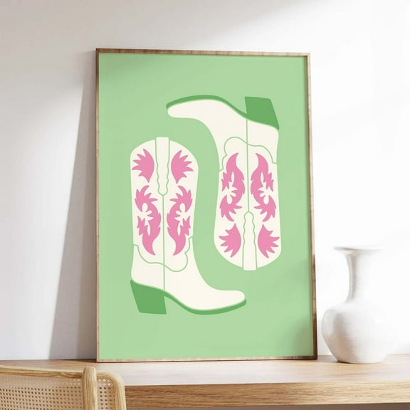 Cowgirl Boots Print, Art, Pink Green Western Print, Retro Wall Art, Trendy Maximalist Wall Art, Cute Dorm Decor Wall Art, Modern Wall Decor, 8x12 UNFRAMED