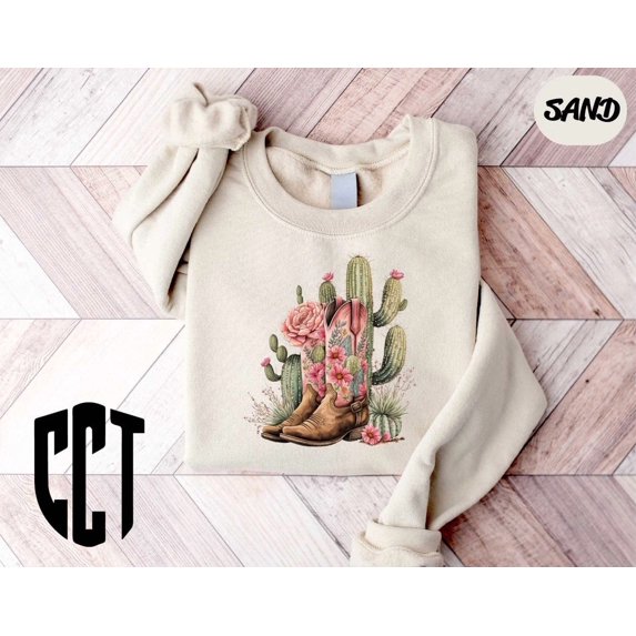 Cowgirl Boots Sweatshirt, Cactus Sweatshirt, Cowgirl Sweatshirt, Women, Cowboy Boot Sweatshirt, Western Chic Sweatshirt TSHIRT All Size S-5XL