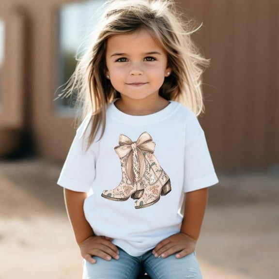 Cowgirl Boots Toile Patterned Beige Cowboy Boots Tee Shirt, Toddler T-Shirt, Western Rodeo Tee, Blue Coquette Bow, Country Farm Girl Gift TODDLER SHORT SLEEVE TEE BELLA CANVAS 3001T
