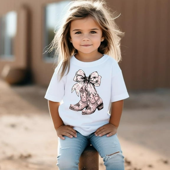 Cowgirl Boots Toile Patterned Pink Cowboy Boots Tee Shirt, Toddler T-Shirt, Western Rodeo Tee, Blue Coquette Bow, Country Farm Girl Gift TODDLER SHORT SLEEVE TEE BELLA CANVAS 3001T