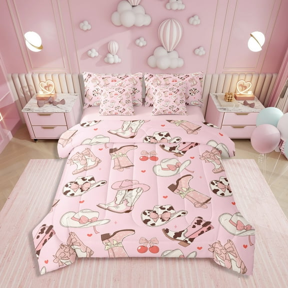 Cowgirl Boots Twin Size Bedding Set Kawaii Pink Bow Tie Sheet Set Rustic Brown Cowhide Comforter 7 Pieces Teens Cute Groovy Flowers Flat Sheet Bedroom Decor