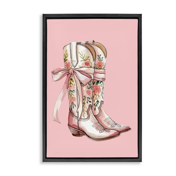 Stupell Industries Cowgirl Boots with Neutral Ribbon Black Framed Floater Canvas Wall Art, design by Lettered and Lined, 31 x 21