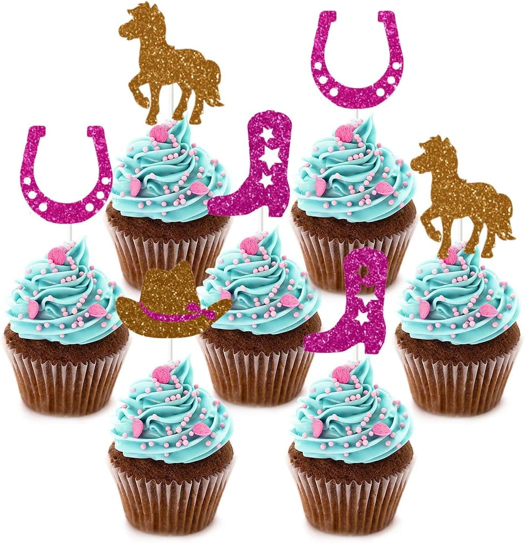 Cowgirl Cake Decorations 24 Pack with Boot, Horse Cake Toppers for Western Cowgirl Party Decorations or Baby Shower Supplies, 1st 2nd 3rd Birthday
