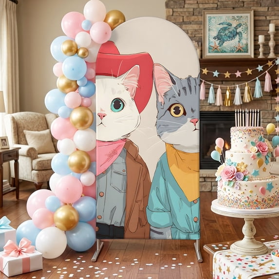 Cowgirl Cats Arch Backdrop Covers 7.2 FT, Western Animals Vintage Retro Funny Stretchy Fitted Arched Stand Covers Party Arch Stand Cover Photo Booth for Wedding Birthday Decor