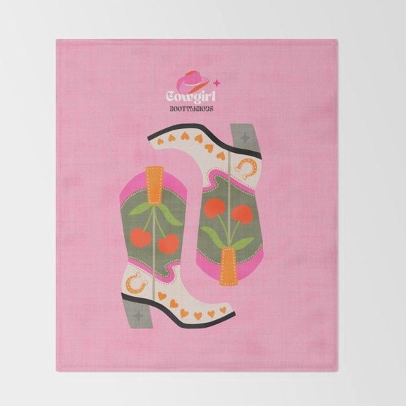 Cowgirl Cherry Cowboy Boots Pink Polyester Fleece Blanket, 280 GSM, Western Style