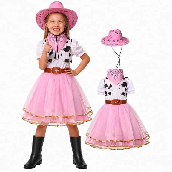Cowgirl Cosplay, Cowgirl Costume, Cowgirl Outfit, Cowgirl Roleplay, Cowgirl Cos, Pink Cowgirl Tutu Dress Costume 2 Piece Set With Cowboy Hat Western Halloween Outfit for Family Gathering, Pink L