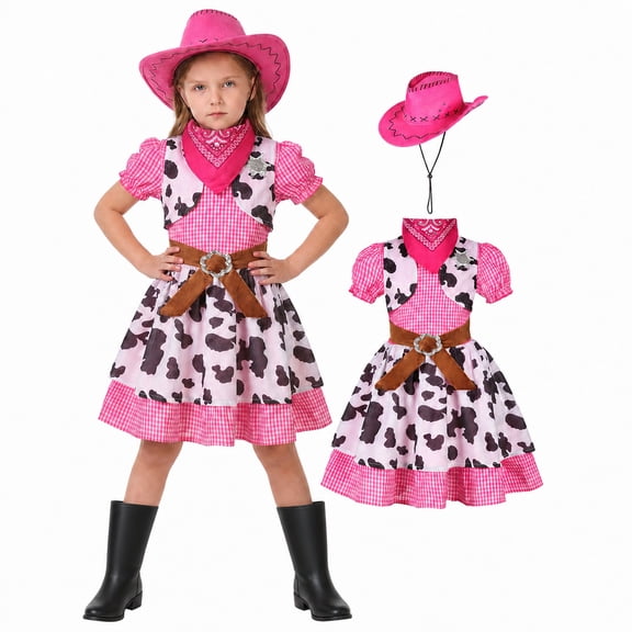 Cowgirl Cosplay, Cowgirl Costume, Cowgirl Outfit, Cowgirl Roleplay, Cowgirl Cos, Pink Plaid Cowgirl Dress Costume With Hat and Bandana Western Gingham Outfit for Family Gathering, Pink L