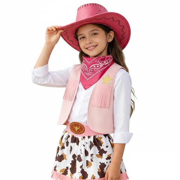 Cowgirl Kids Sleeveless Cowgirl Vest Western Skirt Hat Set Girl Western Outfit Halloween Size 1-11 Years