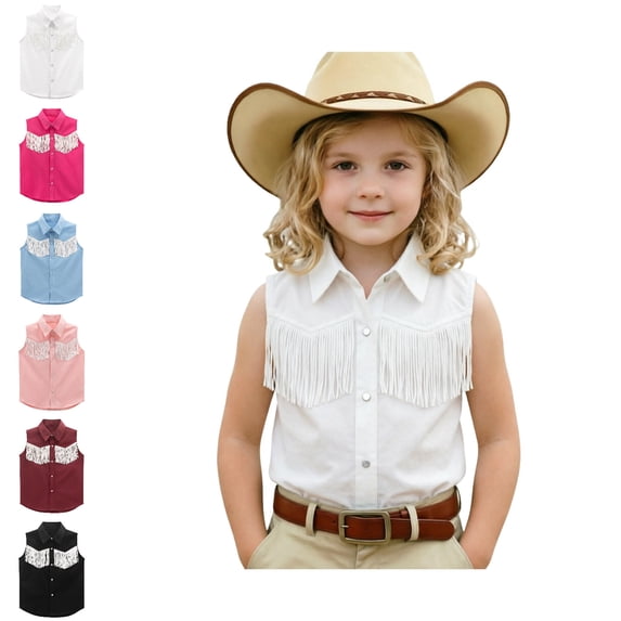 Cowgirl for Girls Fringe Snap Button Down Shirt Sleeveless Blouses Tops
