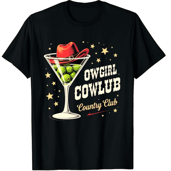 Cowgirl Country Club Western Martini Cocktail Party Drinking Graphic Black T-Shirt for Men and Women