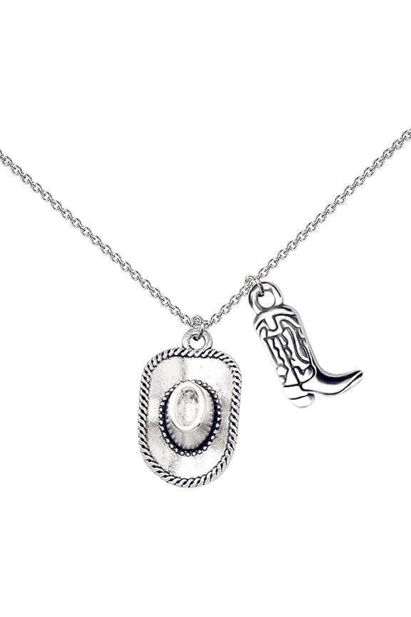 Cowgirl Cowboy Boot Hat Pendant Necklace Silver Plated Boho Personalized Texas Boots Adjustable Chain Necklace for Cool Men Western Style Country Women Birthday Party Fashion Jewelry Gifts