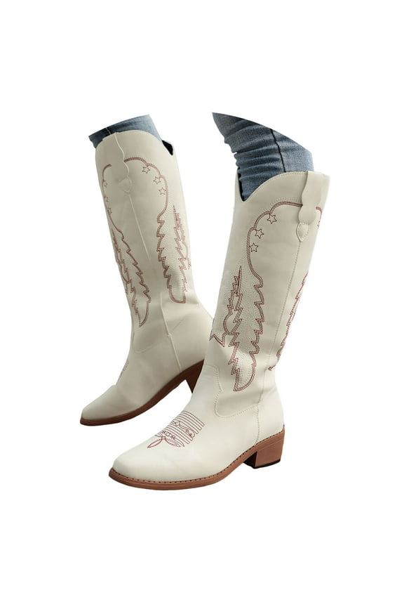 Cowgirl Cowboy Boots for Women Embroidered Pull on Knee High Boot Chunky Stacked Heel Western Country Shoes