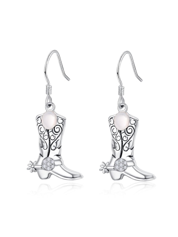 Cowgirl Cowboy Earrings 925 Sterling Silver Real Pearl Boot Dangle Drop Cubic Zirconia Western Country Earrings Jewelry Gifts for Women Horse Lovers