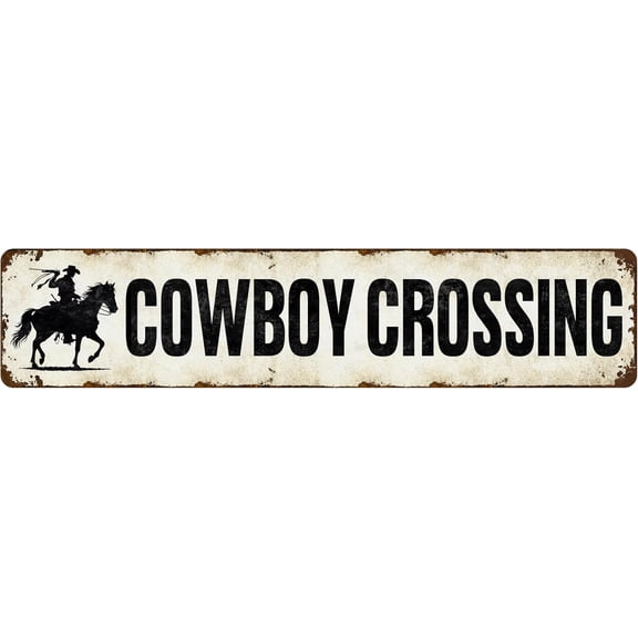 Cowgirl Crossing Aluminum Sign, Western Ranch Wall Decor, Durable Metal Sign for Barn or Farm, 4 x 16 Inch