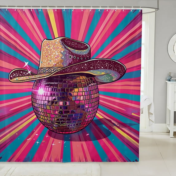 Cowgirl Disco Ball Shower Curtain Set,Groovy Western Cowgirl Hat Bathroom Set Home Decor,Pink Blue Striped Bathroom Curtain Colorful Fabric Shower Curtain 72"Wx72"L